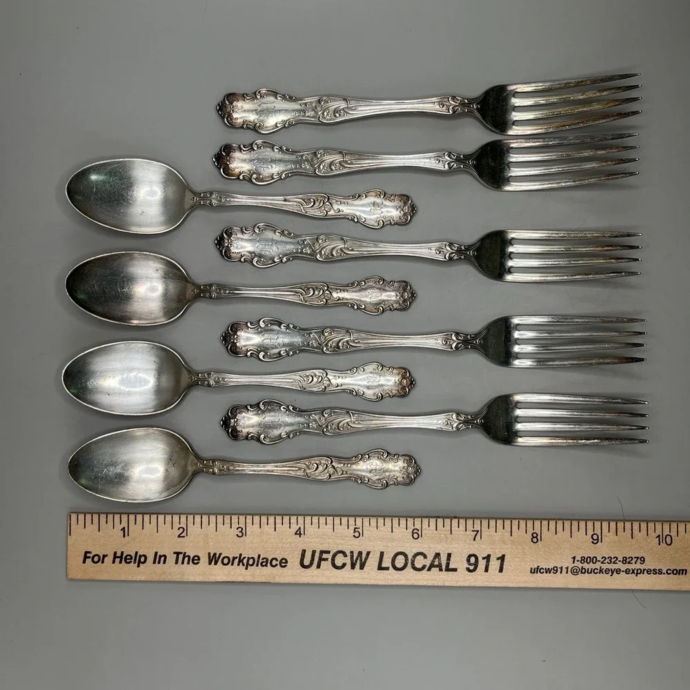 Vtg Rogers & Hamilton XII Tudor Silver Plate 9 Pc 5 Forks 4 Spoons M Monogram
